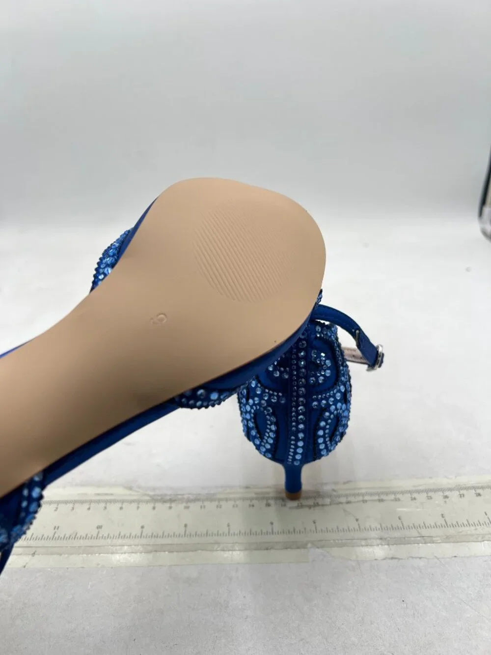 XYD Blue Peep Toe, D'Orsay Kitten Low Heels, Rhinestone Ankle Strap Sandals